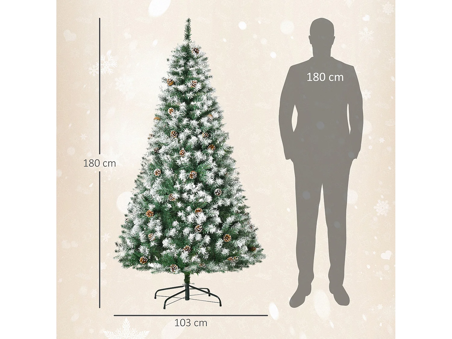 Albero di natale artificiale innevato alto 180cm con pigne