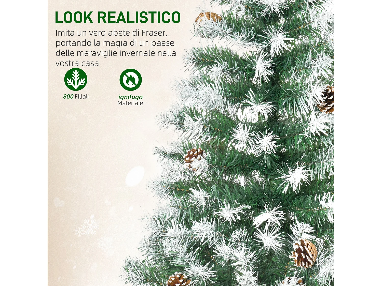 Albero di natale artificiale innevato alto 180cm con pigne