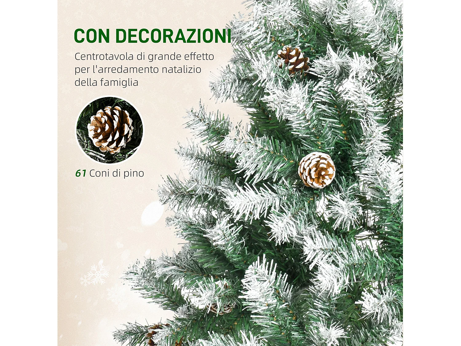 Albero di natale artificiale innevato alto 180cm con pigne