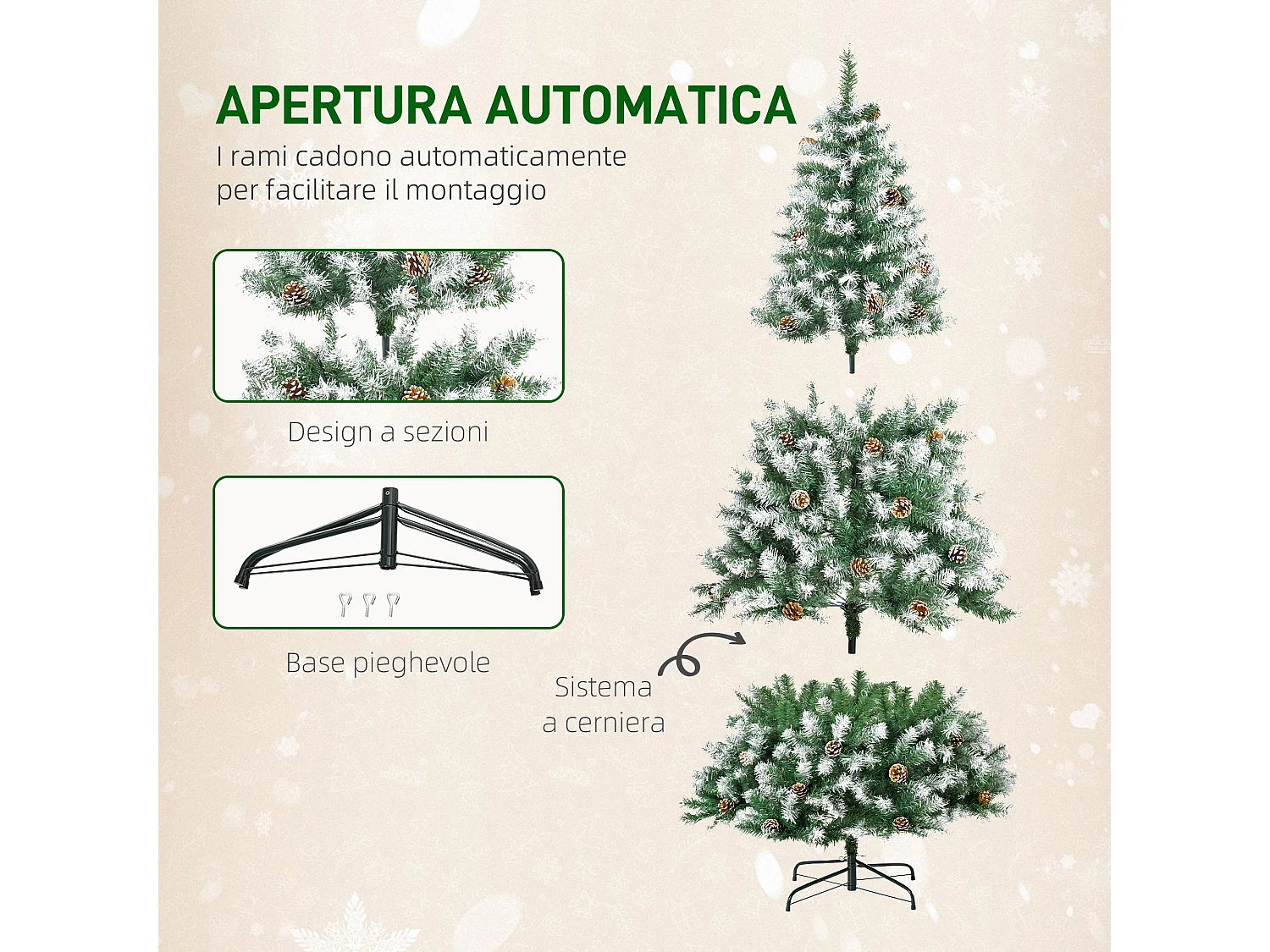 Albero di natale artificiale innevato alto 180cm con pigne