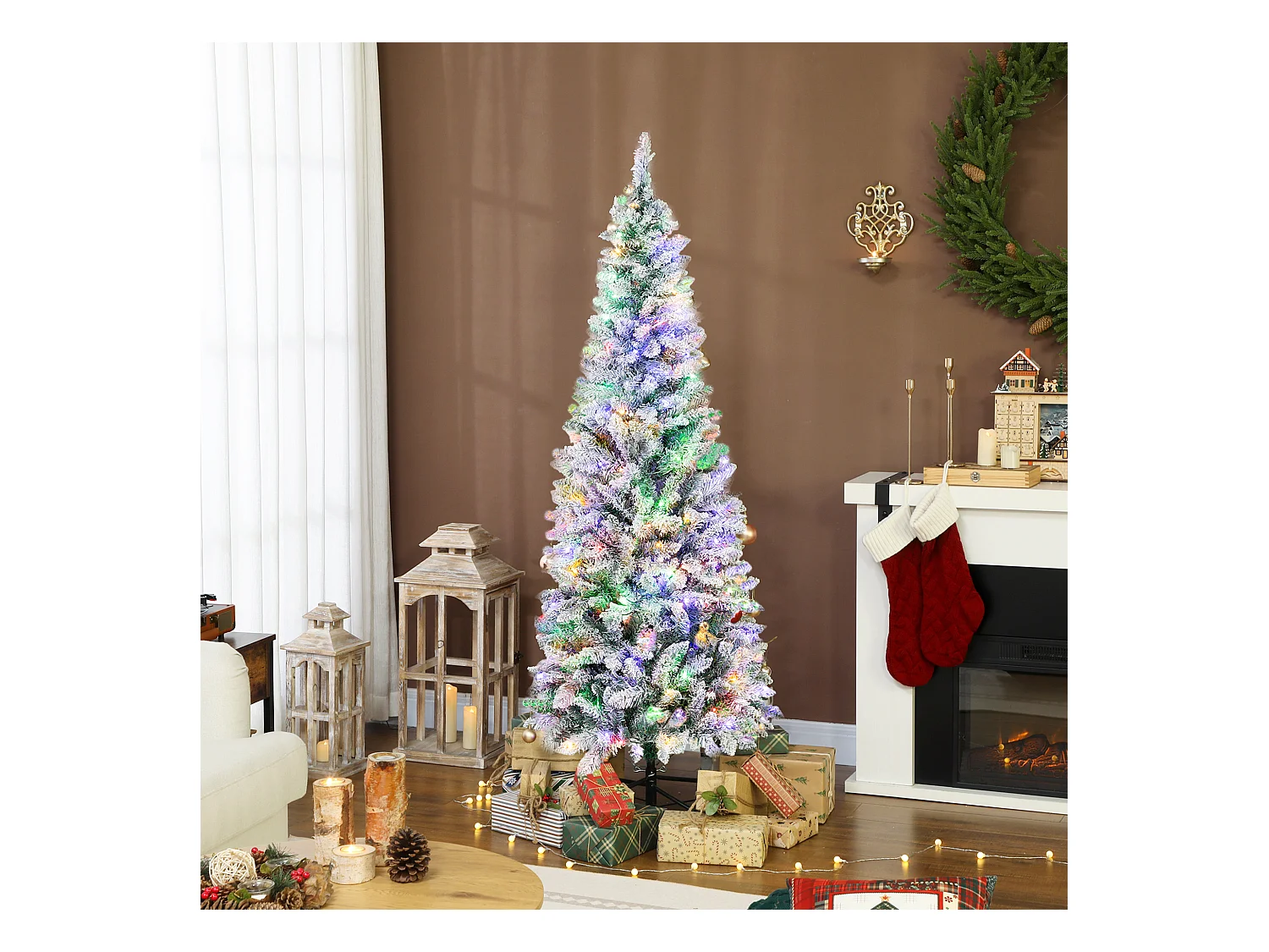 Albero di natale innevato con 180 luci led Ø65x180 cm, verde e bianco