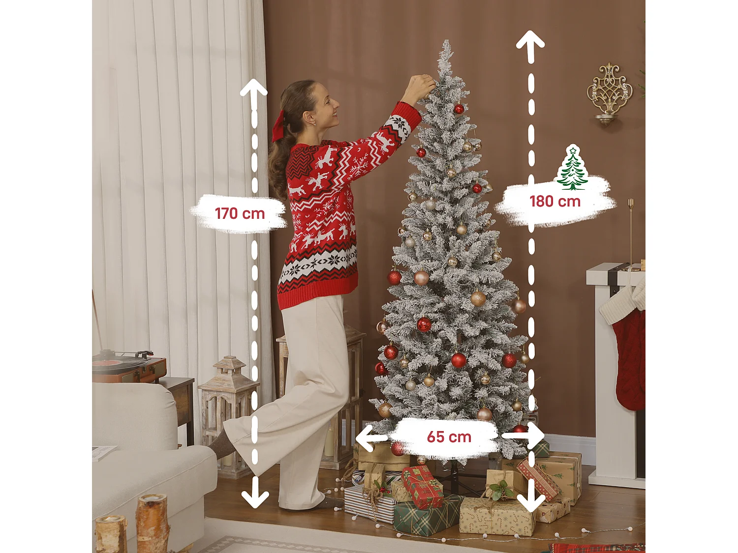 Albero di natale innevato con 180 luci led Ø65x180 cm, verde e bianco