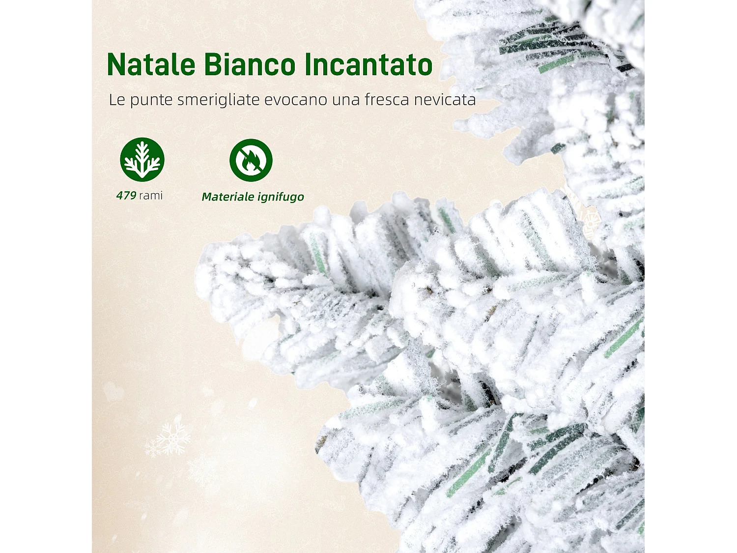 Albero di natale innevato con 180 luci led Ø65x180 cm, verde e bianco