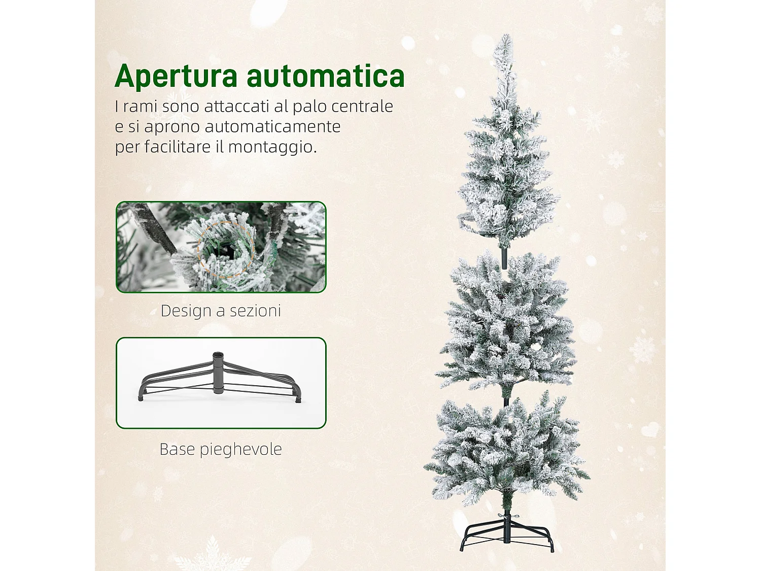Albero di natale innevato con 180 luci led Ø65x180 cm, verde e bianco