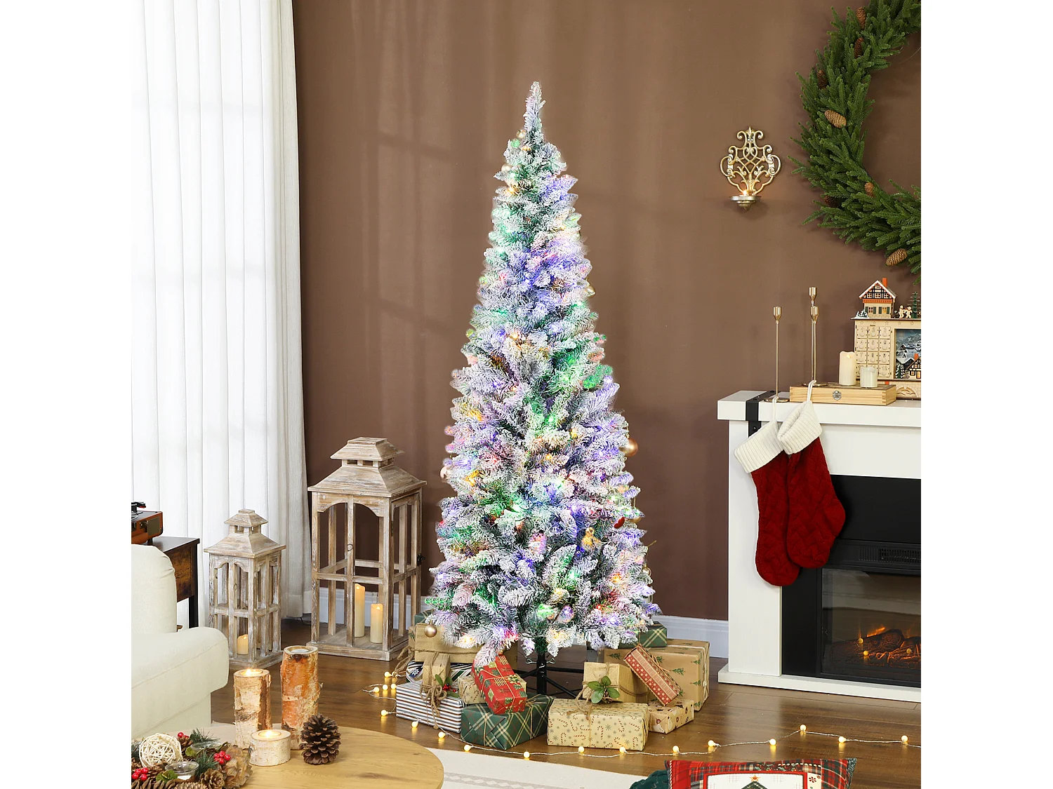 Albero di natale innevato con 180 luci led Ø65x180 cm, verde e bianco