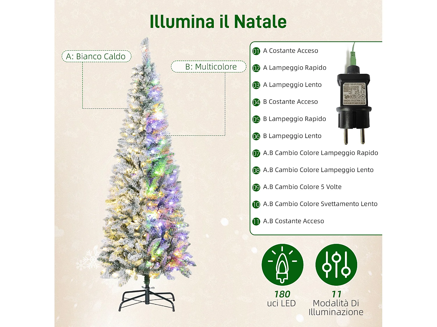 Albero di natale innevato con 180 luci led Ø65x180 cm, verde e bianco
