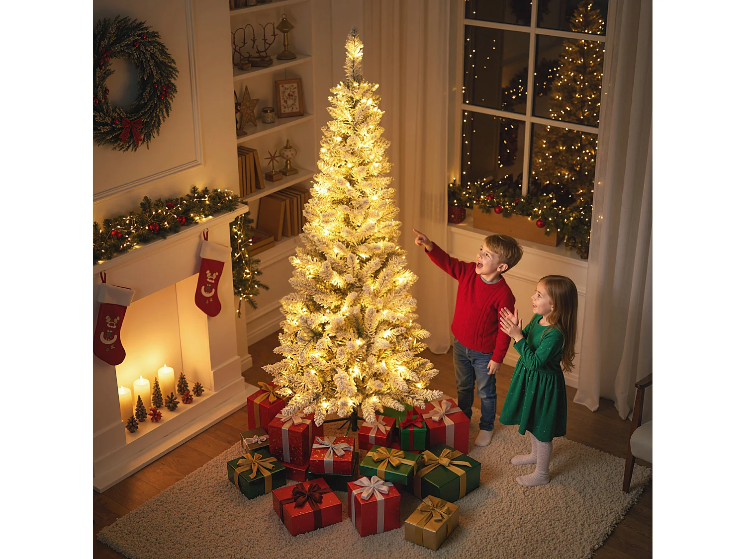 Albero di natale innevato con 180 luci led Ø65x180 cm, verde e bianco