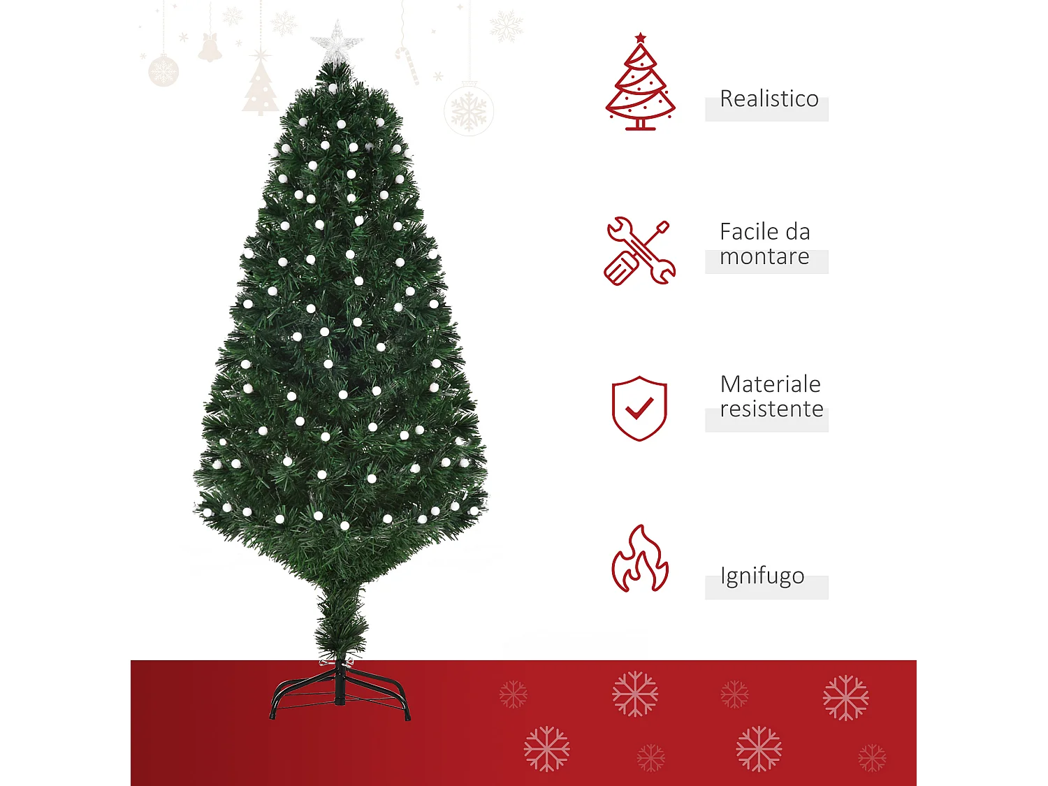 Albero di natale da 150cm 170 luci led fibre ottiche multicolor