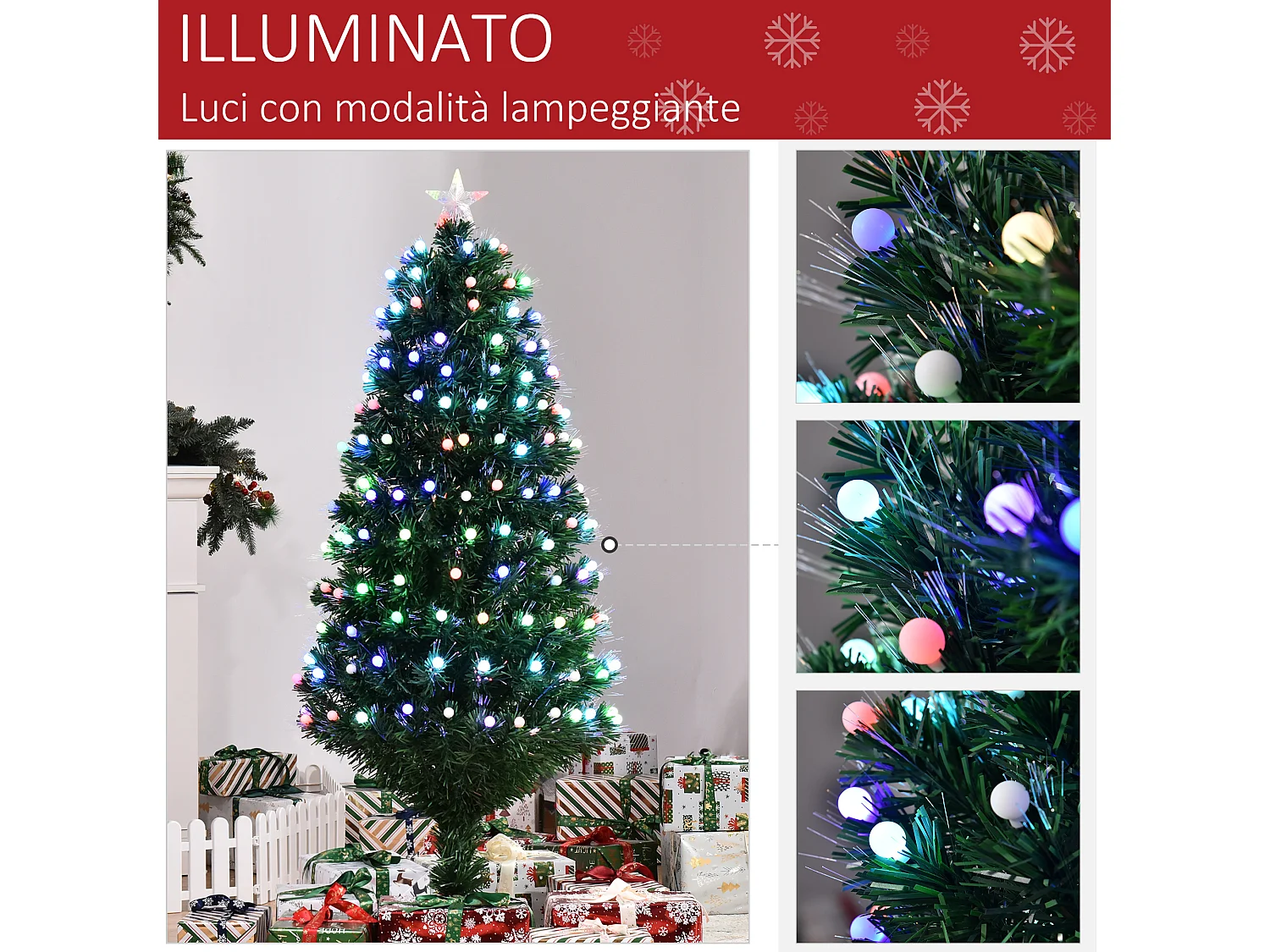Albero di natale da 150cm 170 luci led fibre ottiche multicolor