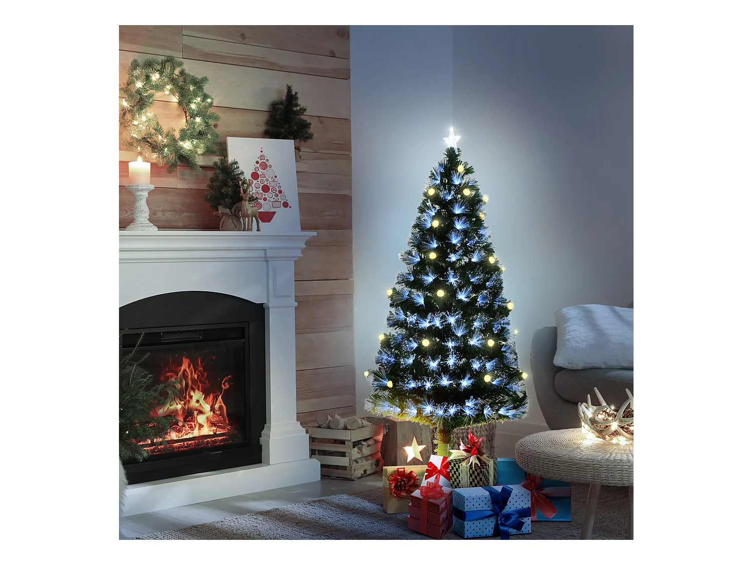 Albero di natale artificiale con rami e fibre ottiche in pvc verde