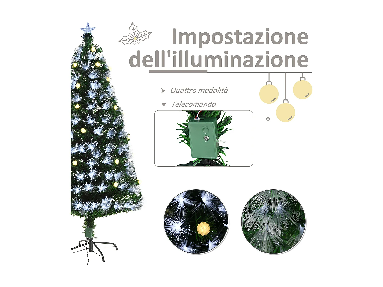 Albero di natale artificiale con rami e fibre ottiche in pvc verde
