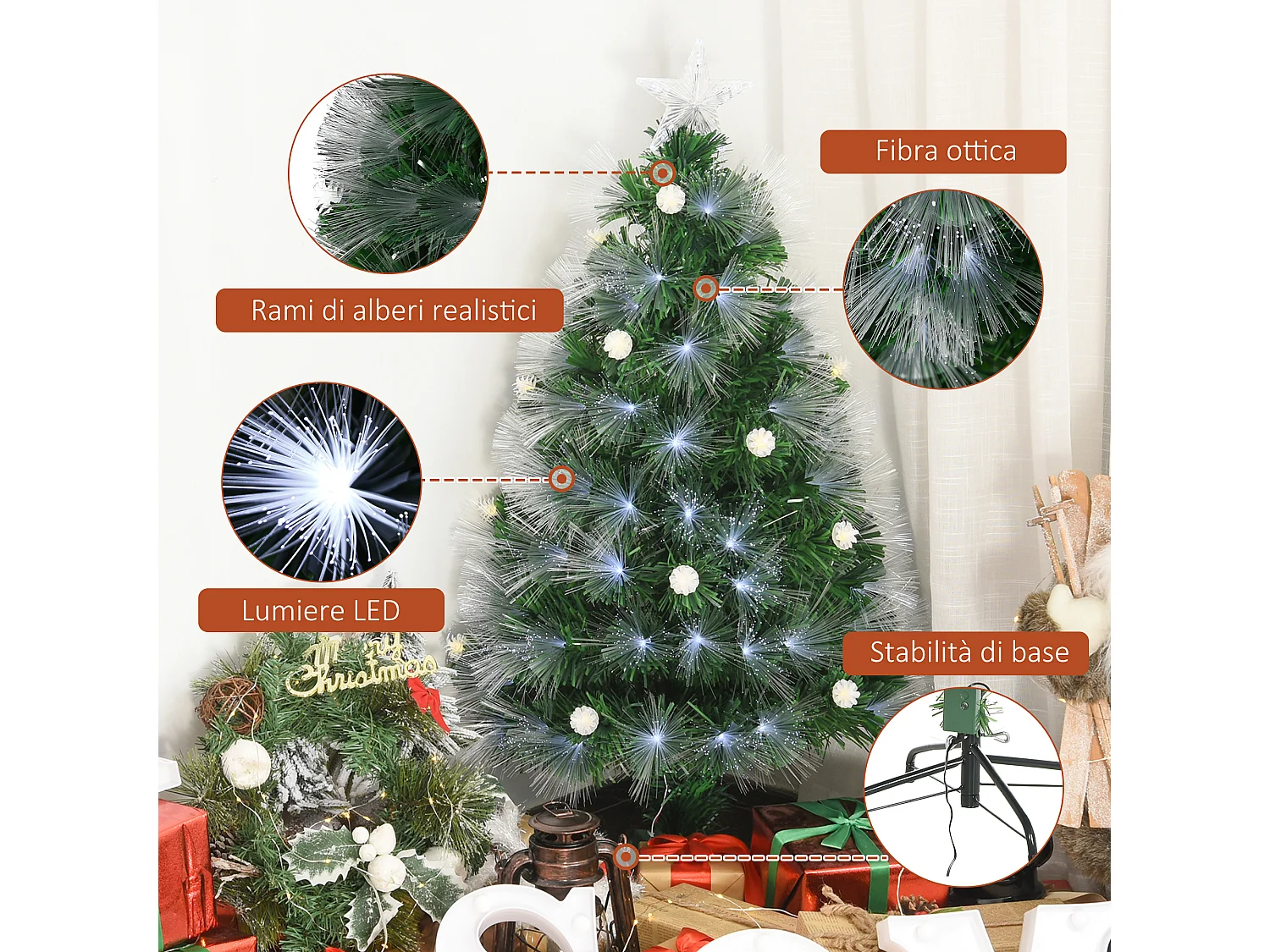 Albero di natale artificiale con rami e fibre ottiche in pvc verde