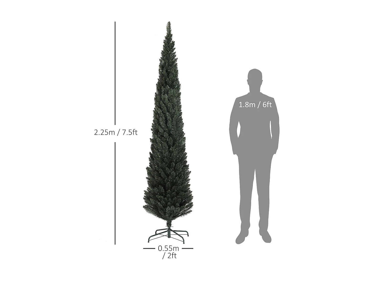 Albero di natale artificiale slim alto 225cm con 538 rami