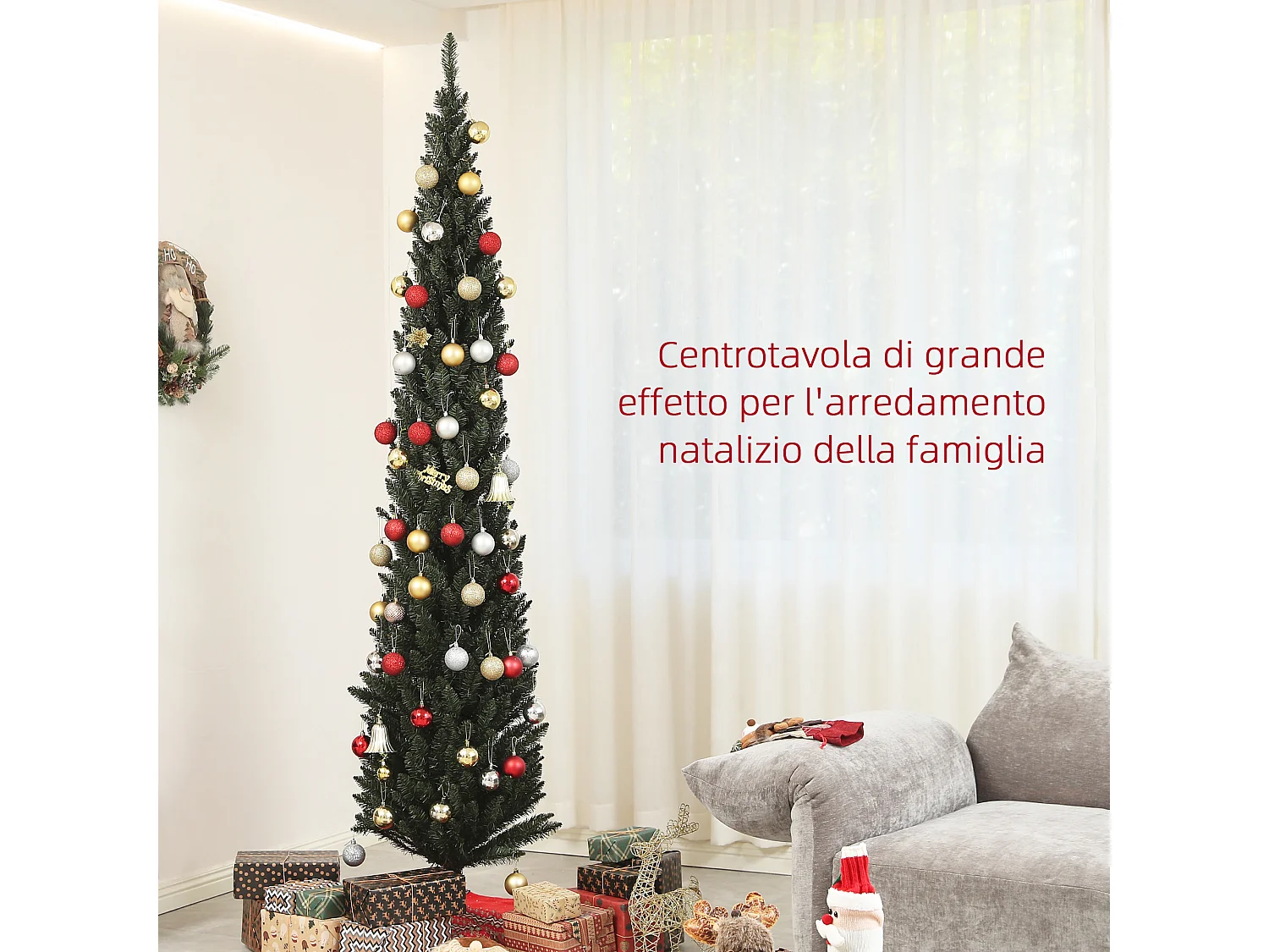 Albero di natale artificiale slim alto 225cm con 538 rami