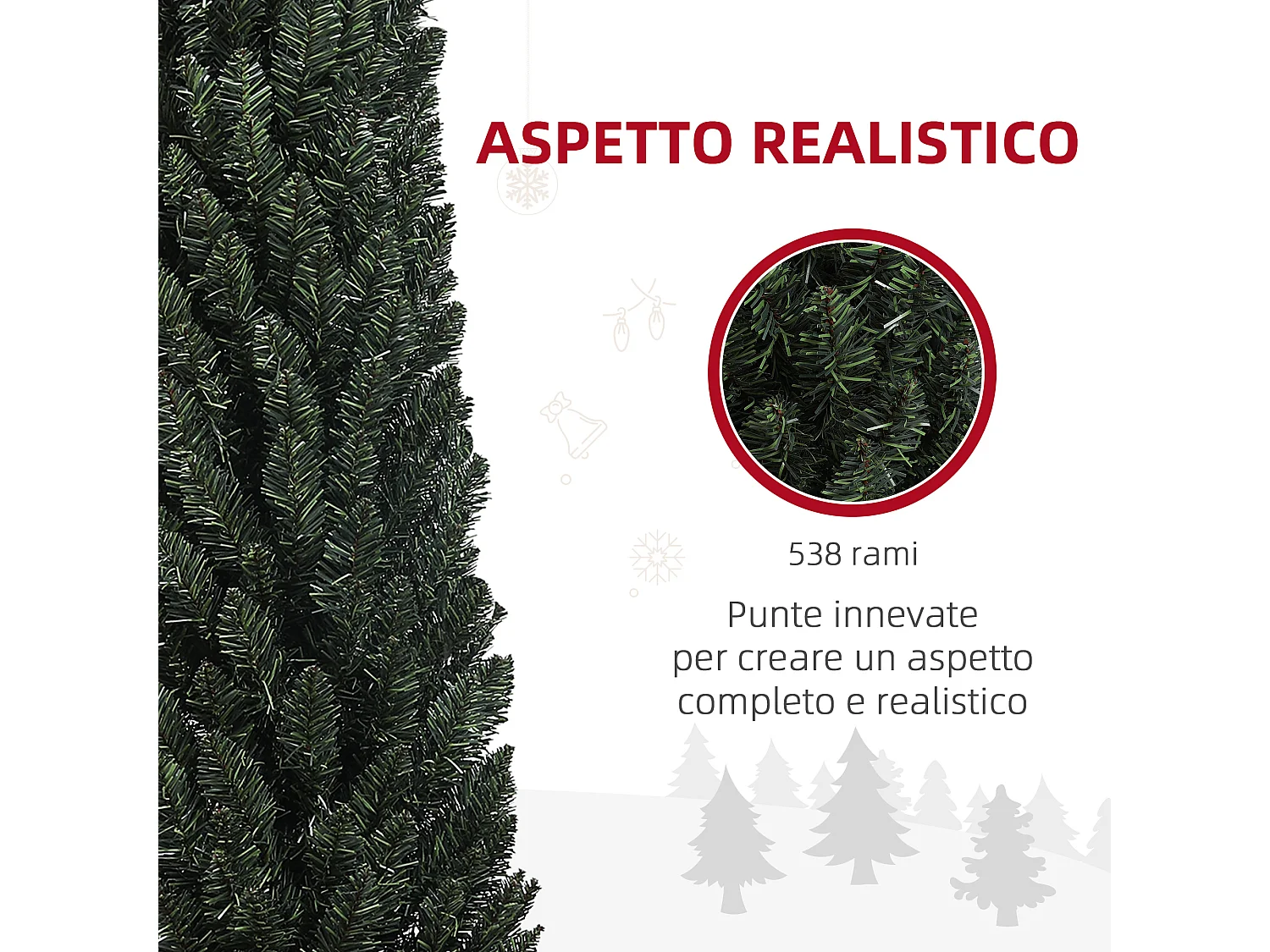 Albero di natale artificiale slim alto 225cm con 538 rami