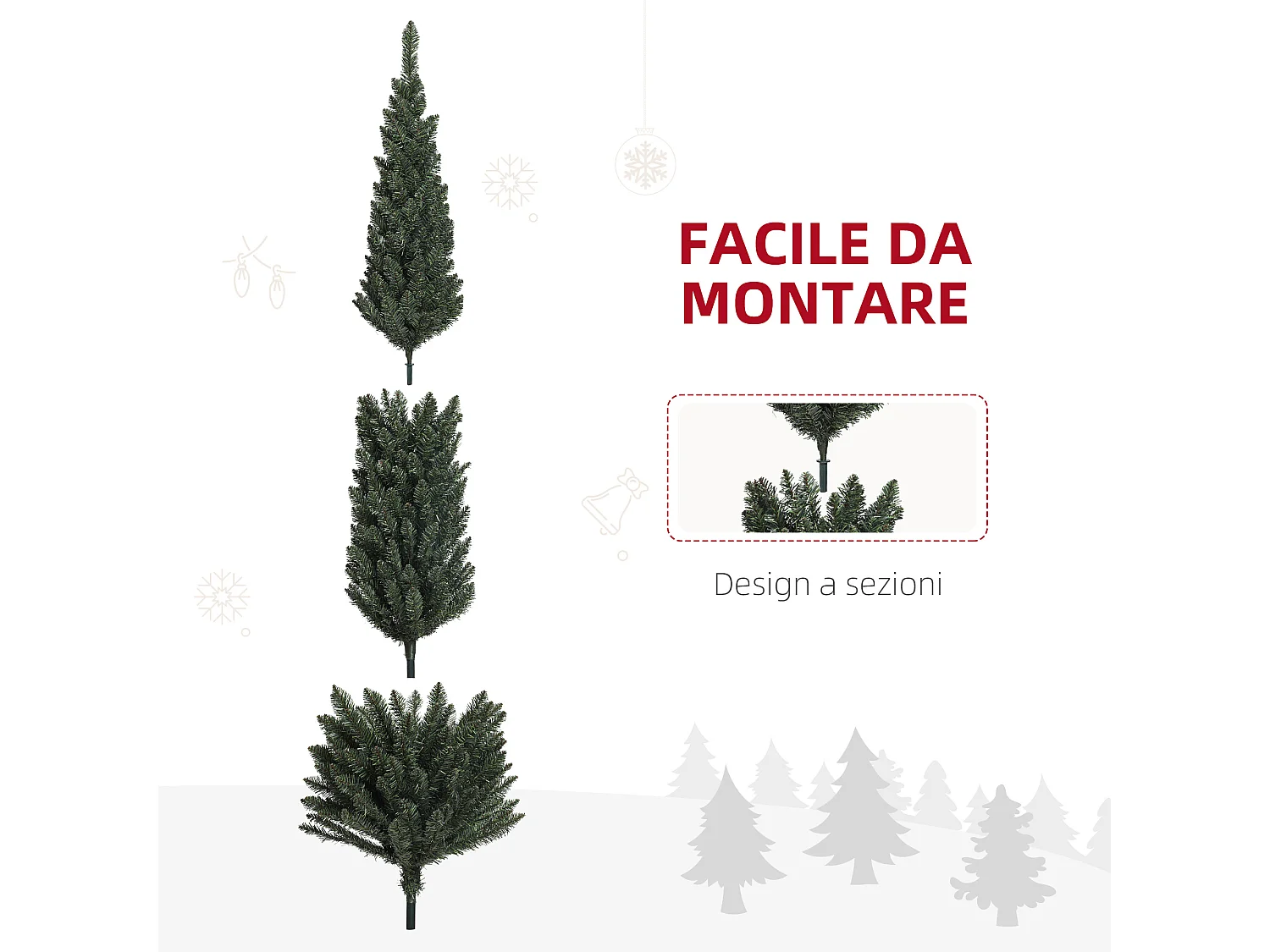 Albero di natale artificiale slim alto 225cm con 538 rami