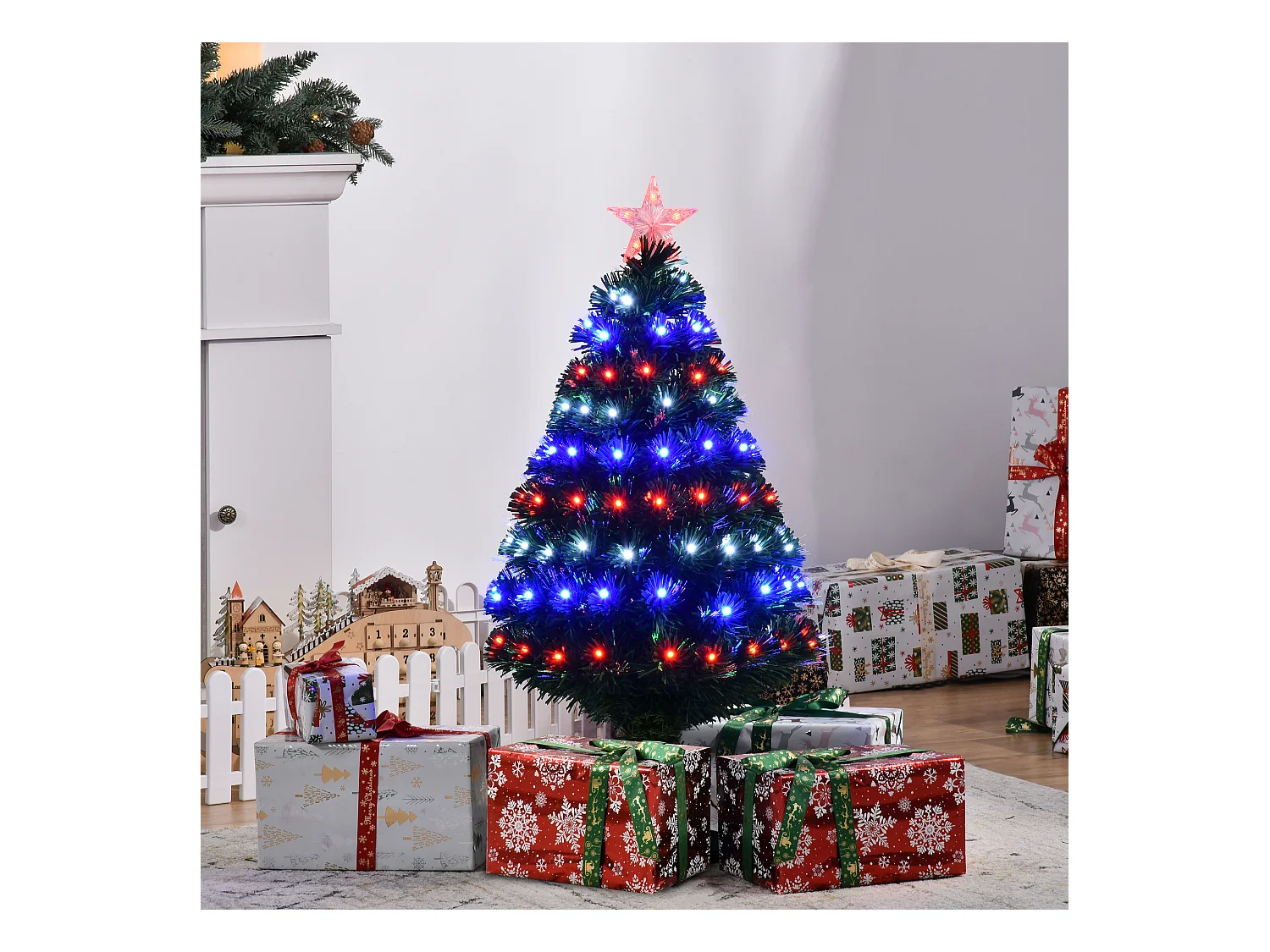 Albero di natale alto 90cm in pvc 90 luci led e fibre ottiche
