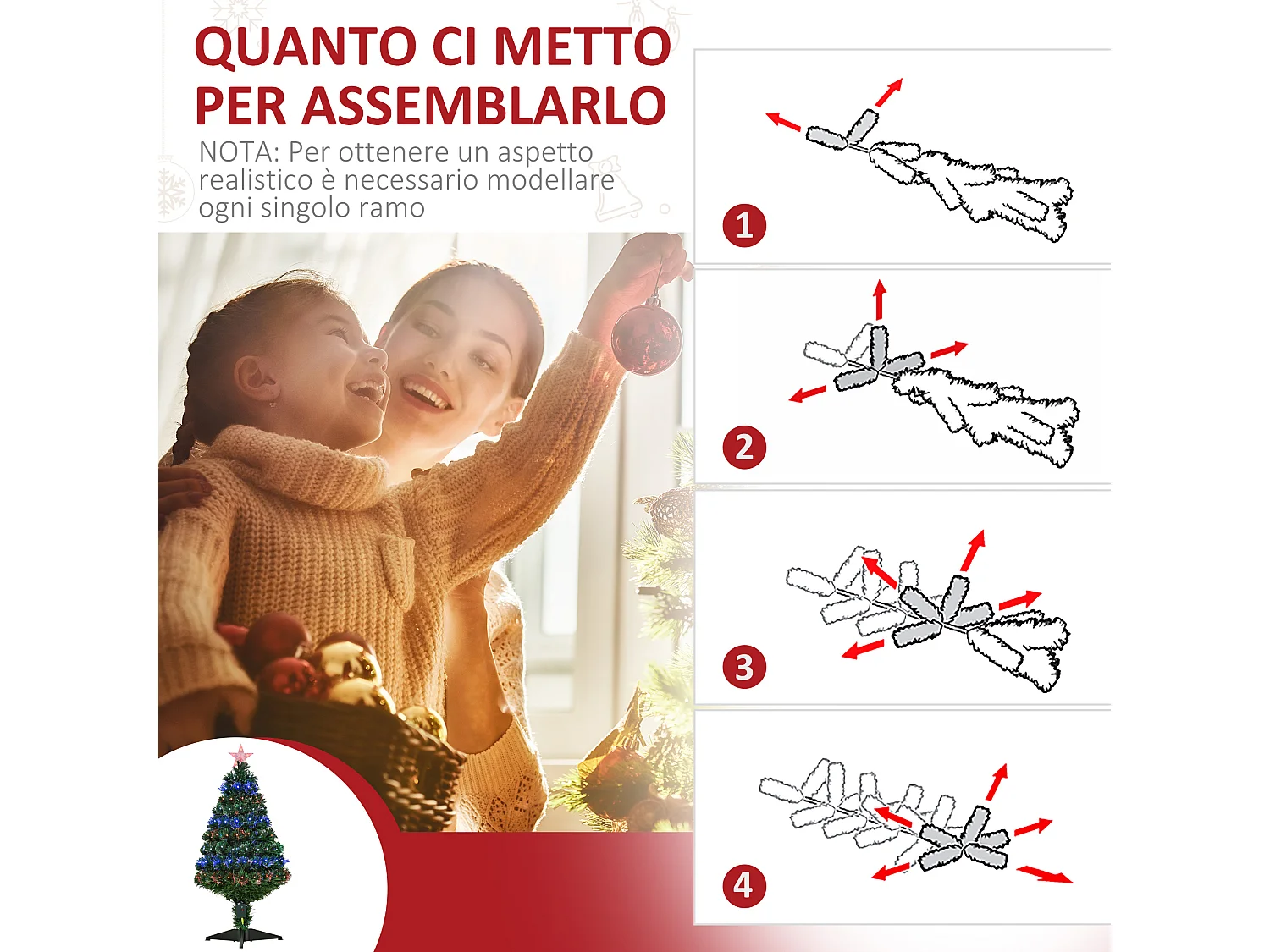 Albero di natale alto 90cm in pvc 90 luci led e fibre ottiche