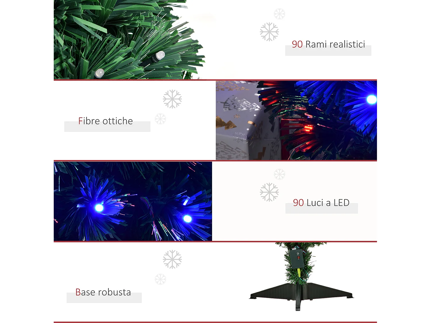 Albero di natale alto 90cm in pvc 90 luci led e fibre ottiche