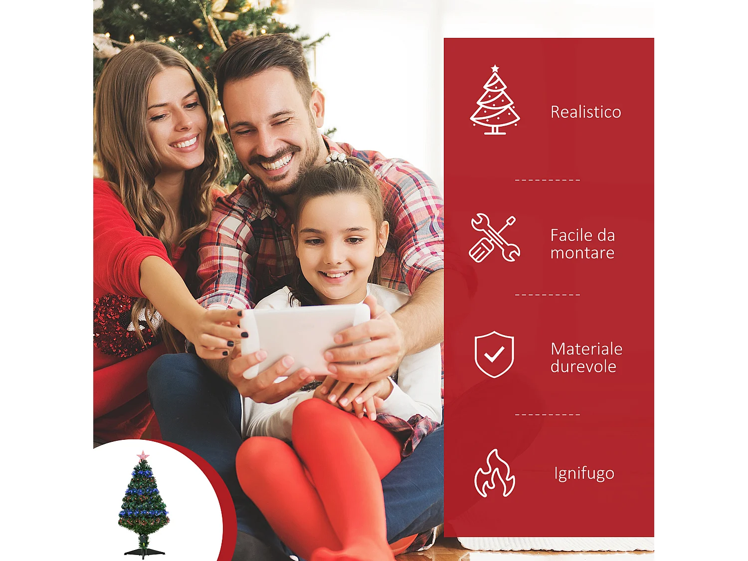 Albero di natale alto 90cm in pvc 90 luci led e fibre ottiche