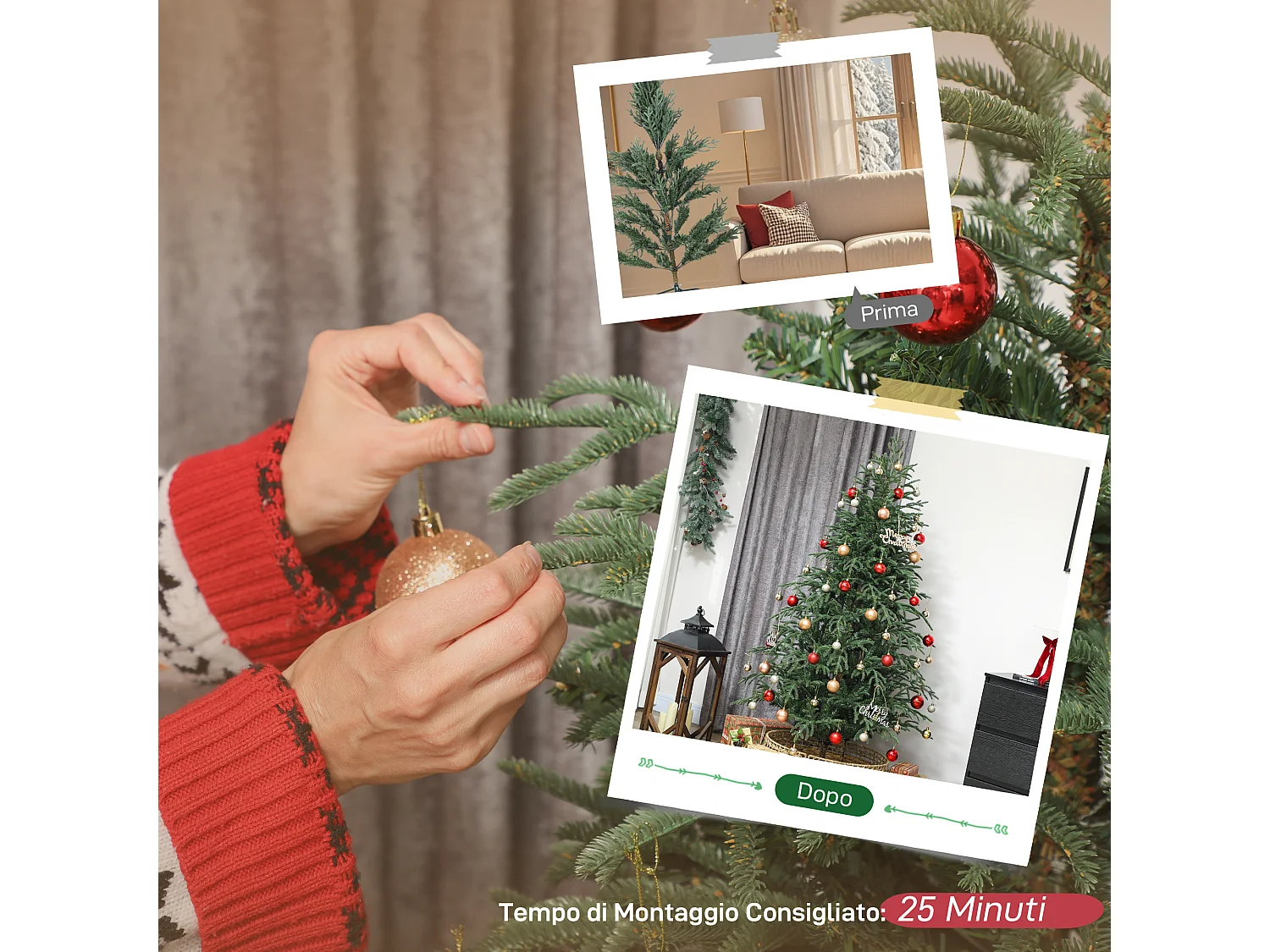 Albero di natale artificiale alto 180 cm e base in metallo pieghevole