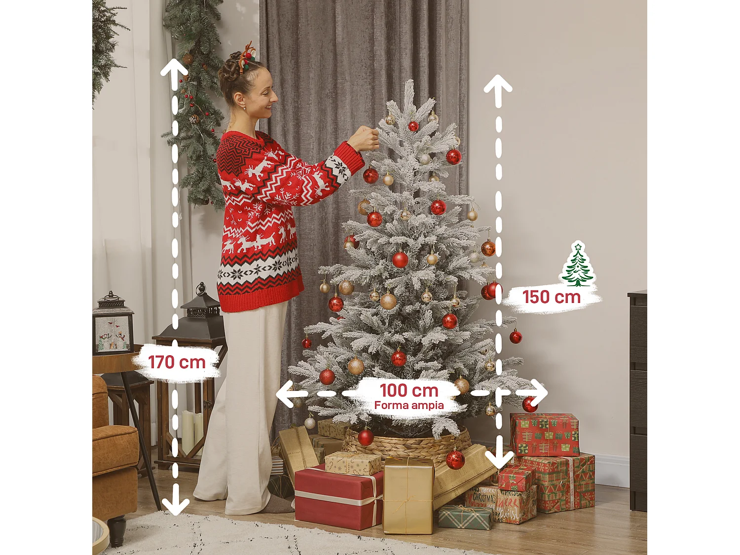 Albero di natale innevato alto 150 cm con base in metallo pieghevole