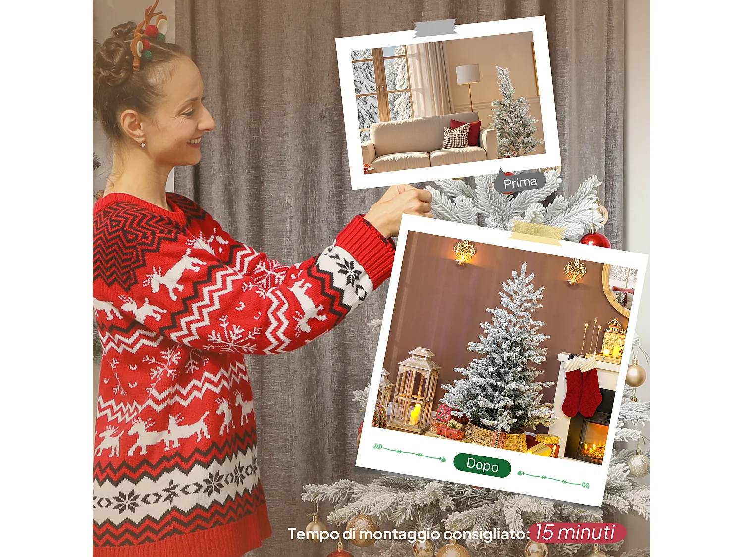 Albero di natale innevato alto 150 cm con base in metallo pieghevole