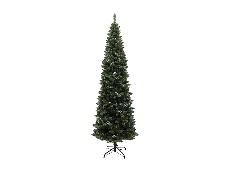 Albero di natale innevato alto 225cm con pigne e base in acciaio