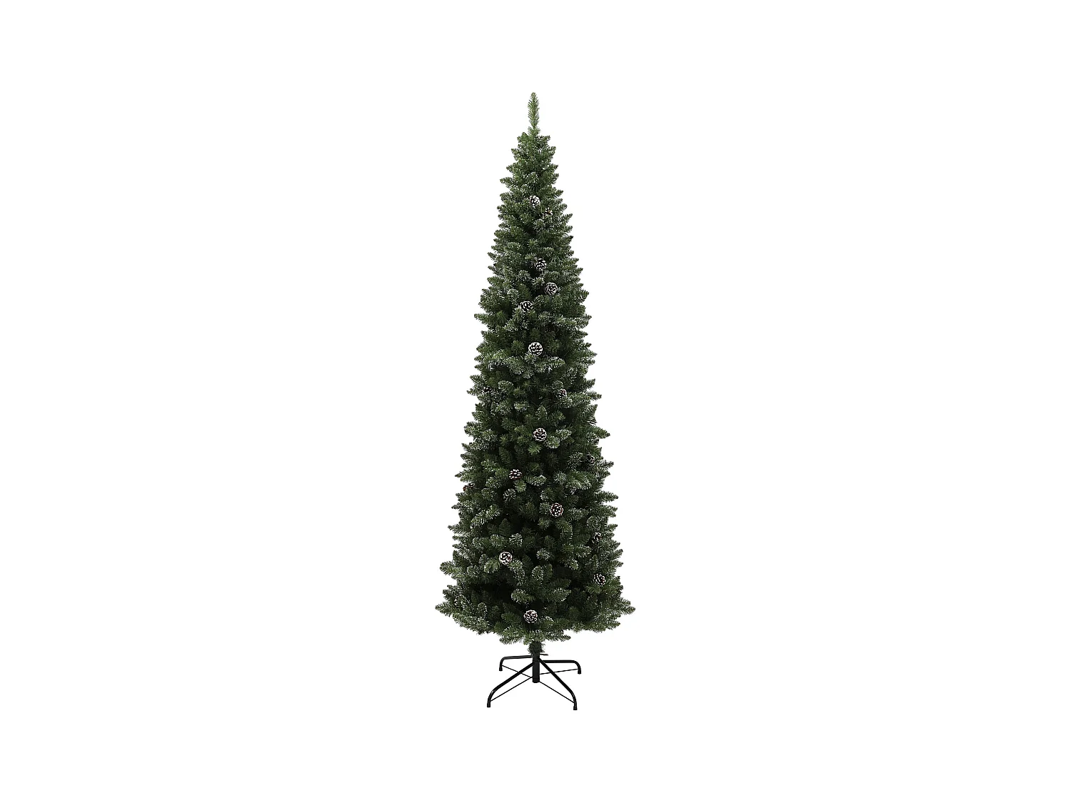Albero di natale innevato alto 225cm con pigne e base in acciaio