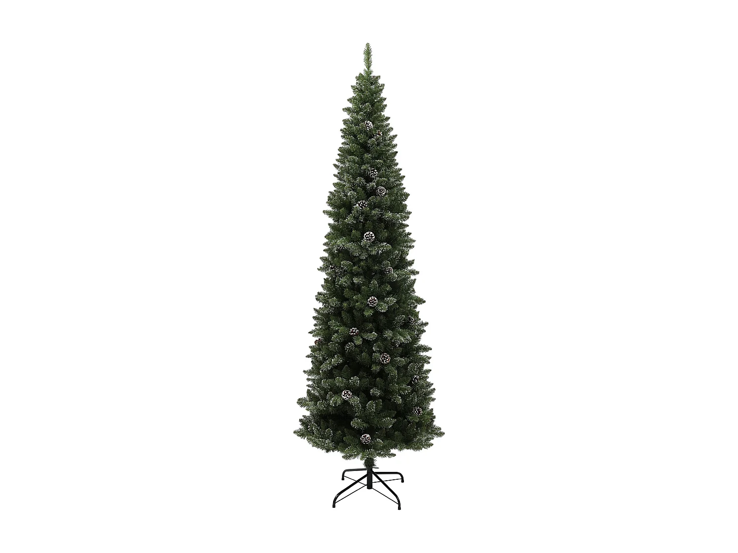 Albero di natale innevato alto 225cm con pigne e base in acciaio