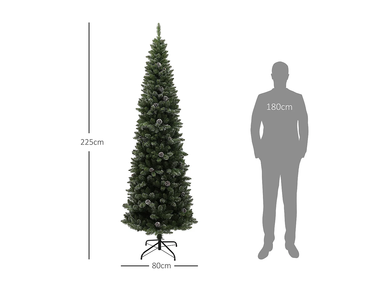 Albero di natale innevato alto 225cm con pigne e base in acciaio