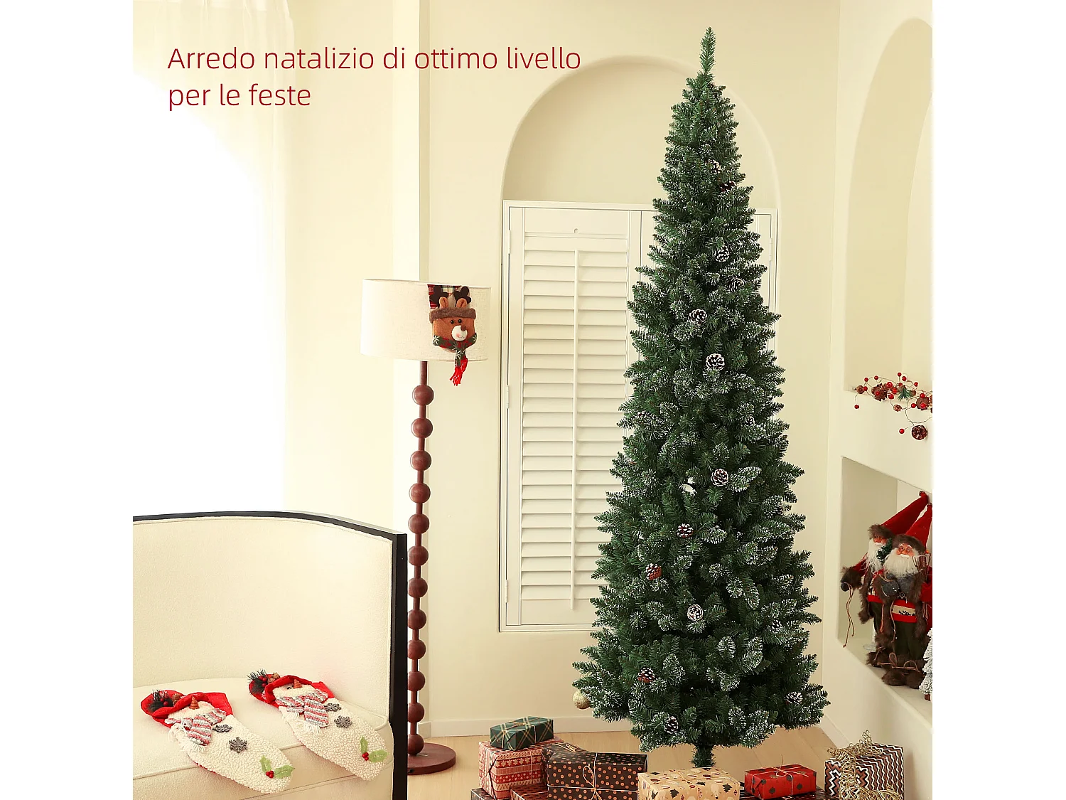 Albero di natale innevato alto 225cm con pigne e base in acciaio