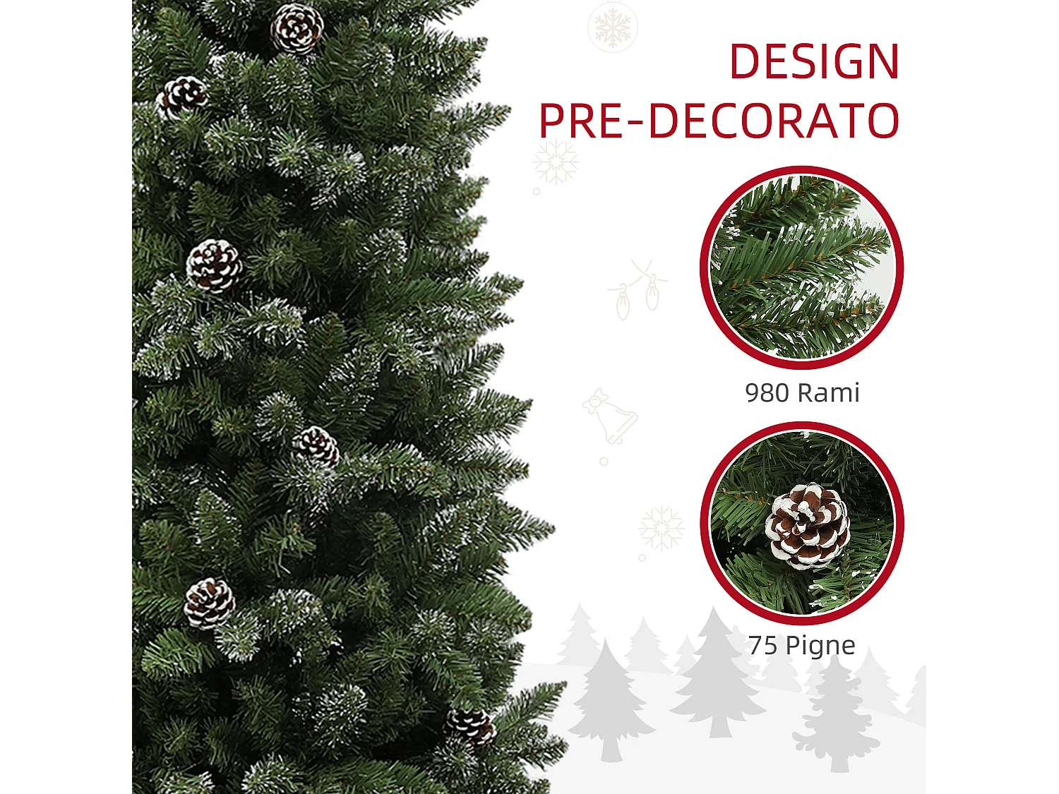 Albero di natale innevato alto 225cm con pigne e base in acciaio