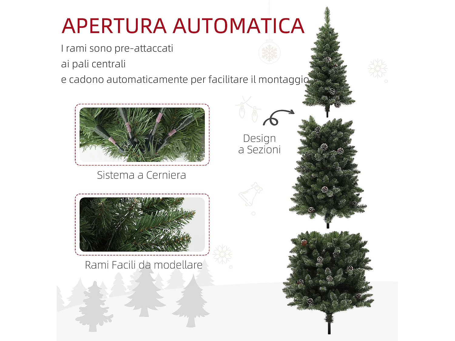 Albero di natale innevato alto 225cm con pigne e base in acciaio