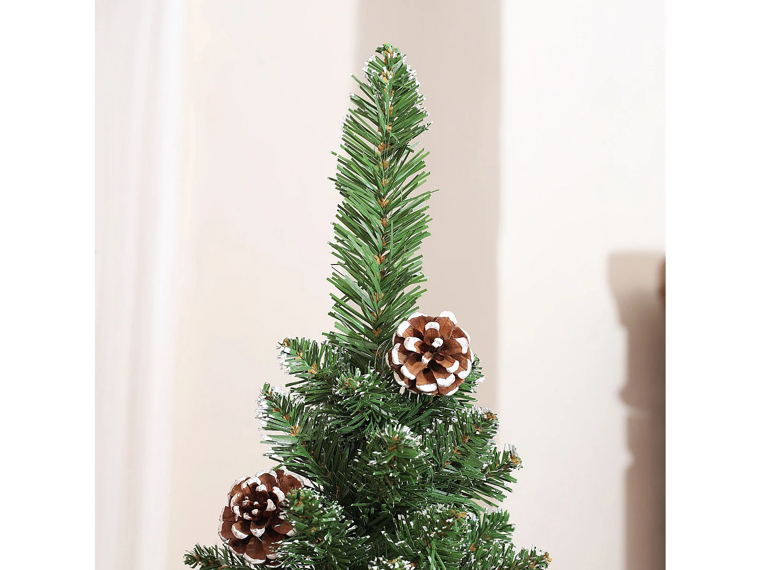 Albero di natale innevato alto 225cm con pigne e base in acciaio