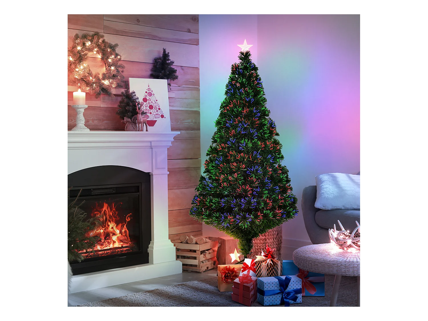 Albero di natale artificiale con fibre ottiche e led in pvc verde
