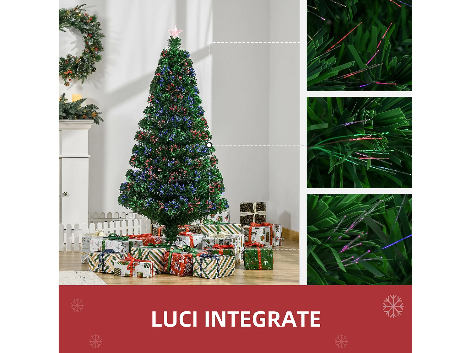 Albero di natale artificiale con fibre ottiche e led in pvc verde