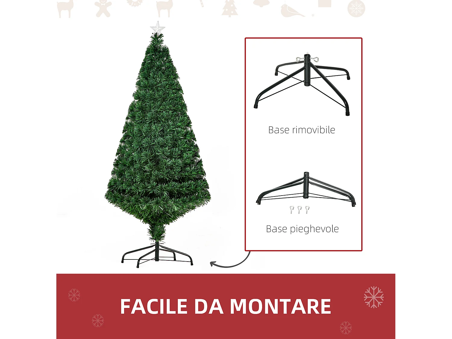 Albero di natale artificiale con fibre ottiche e led in pvc verde