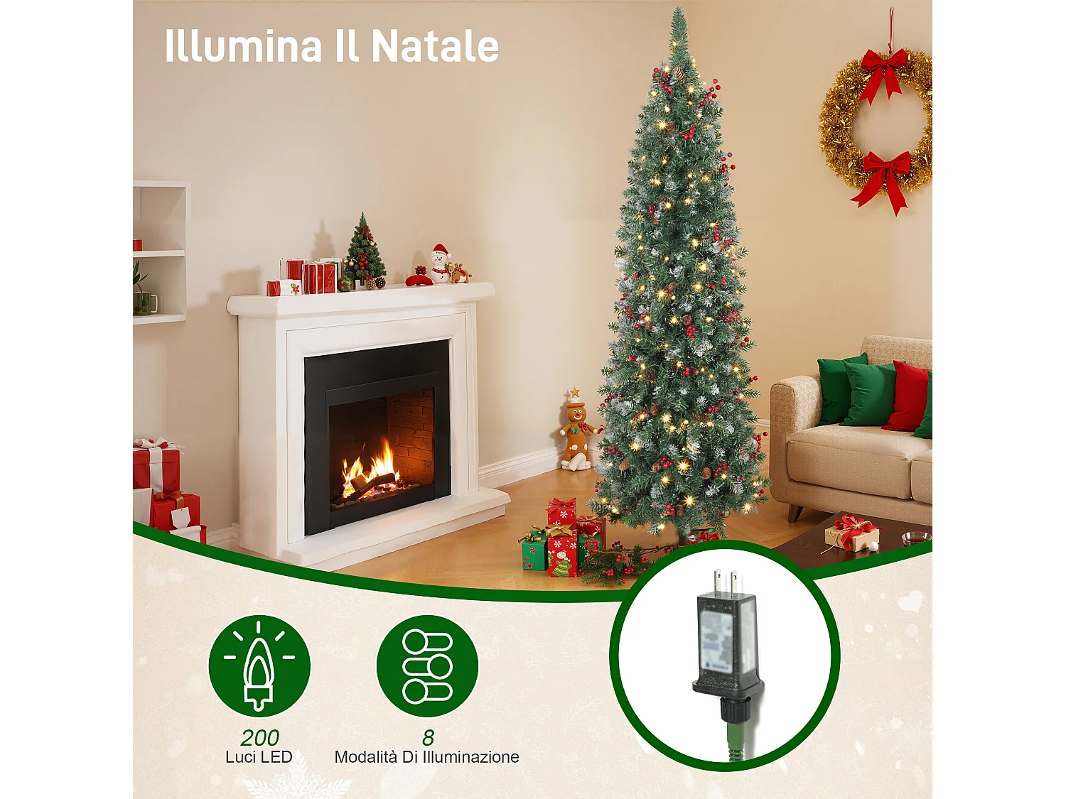 Albero di natale illuminato con 200 luci led e 461 rami Ø65x180 cm