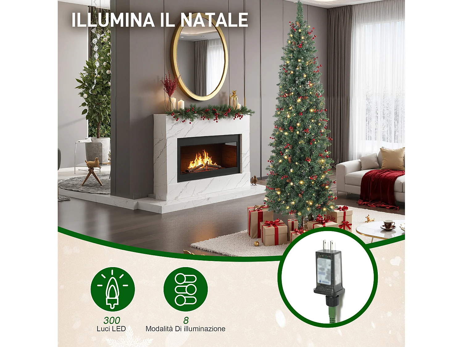 Albero di natale illuminato con 300 luci led e 656 rami Ø75x210 cm
