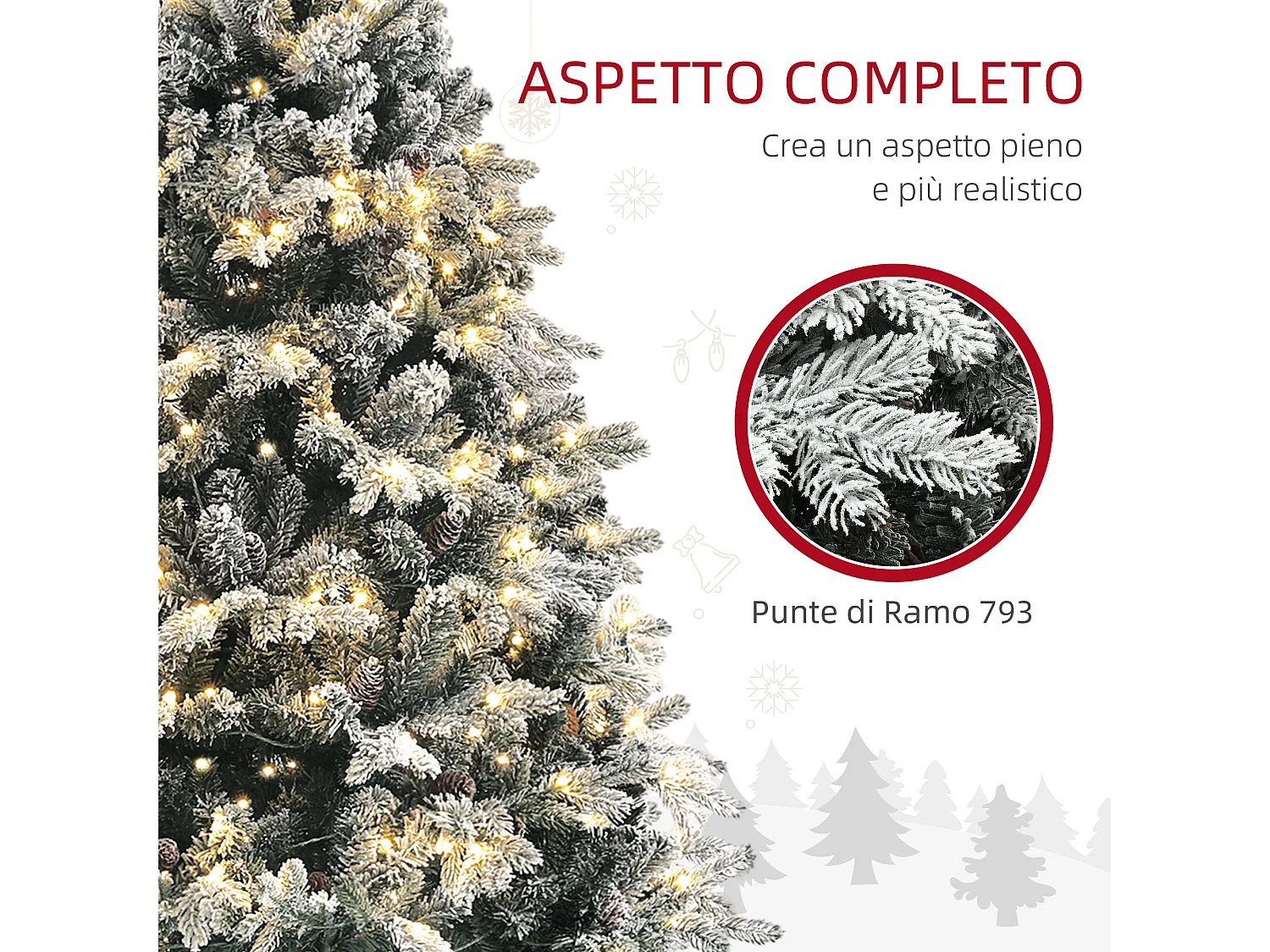 Albero di natale artificiale 180cm con luci e 793 rami innevati