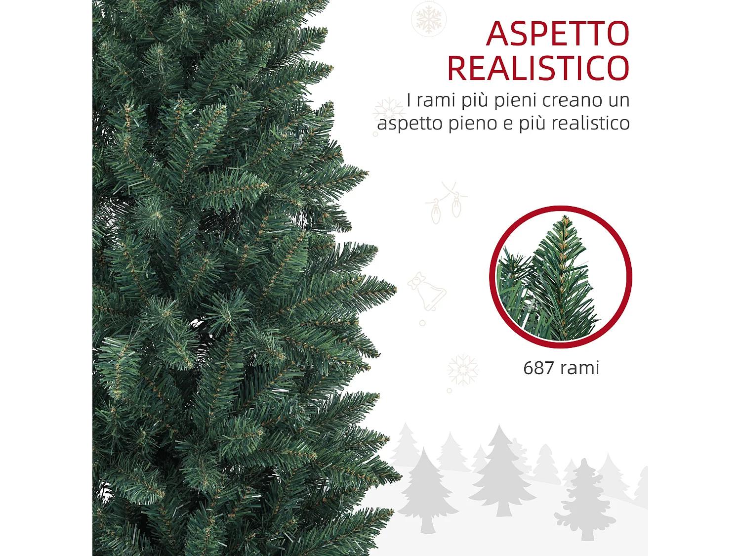 Albero di natale artificiale 210 cm con 687 rami alto e stretto verde