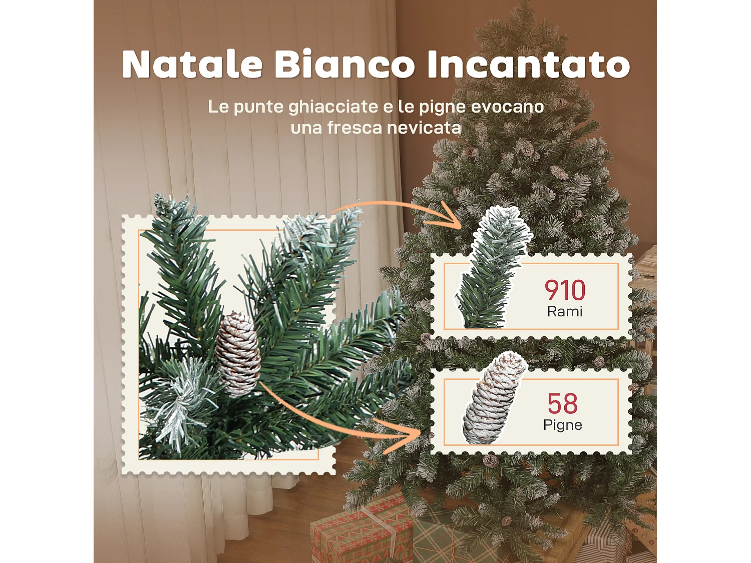 Albero di natale innevato alto 180 cm con pigne e 910 rami