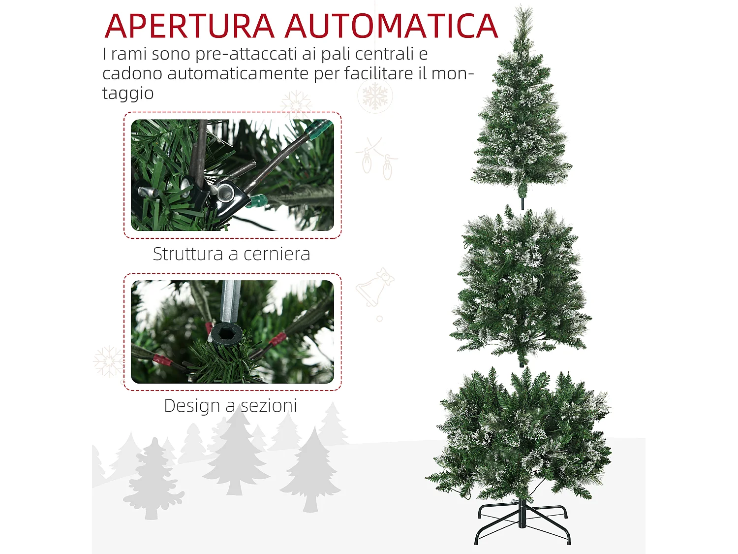 Albero di natale 180 cm innevato con 240 luci led e 618 rami
