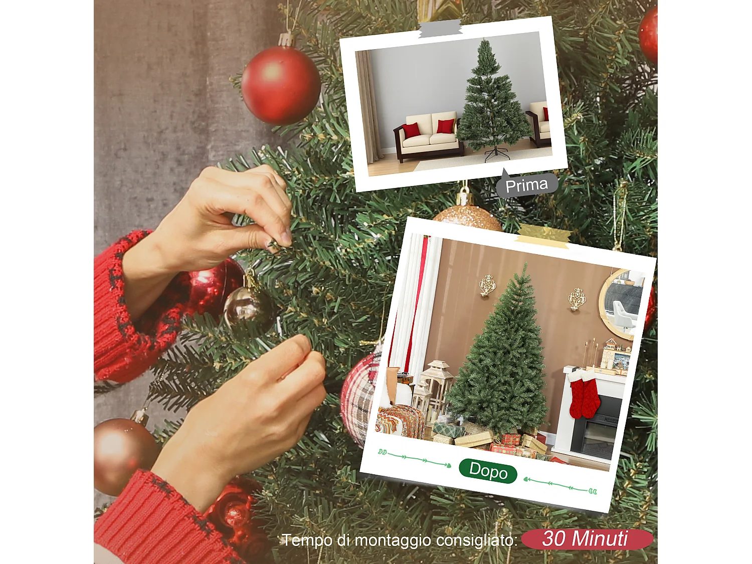 Albero di natale artificiale da 180 cm con base pieghevole verde