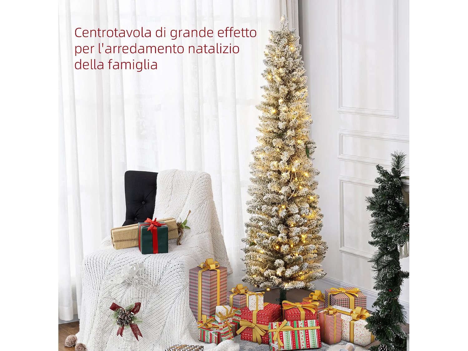 Albero di natale 180 cm innevato con 329 rami e luci led verde