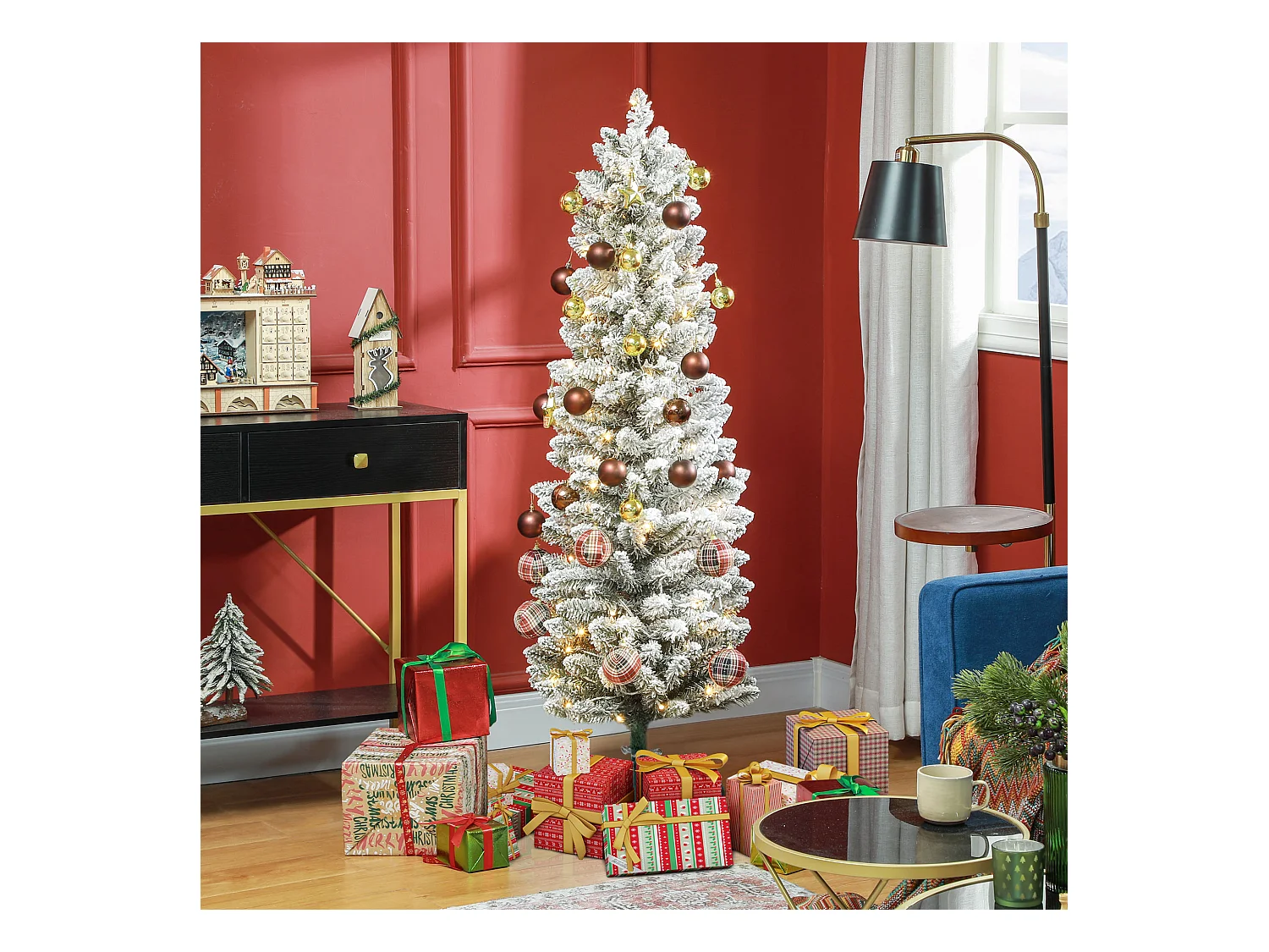 Albero di Natale innevato alto e stretto con luci led Ø45x150 cm