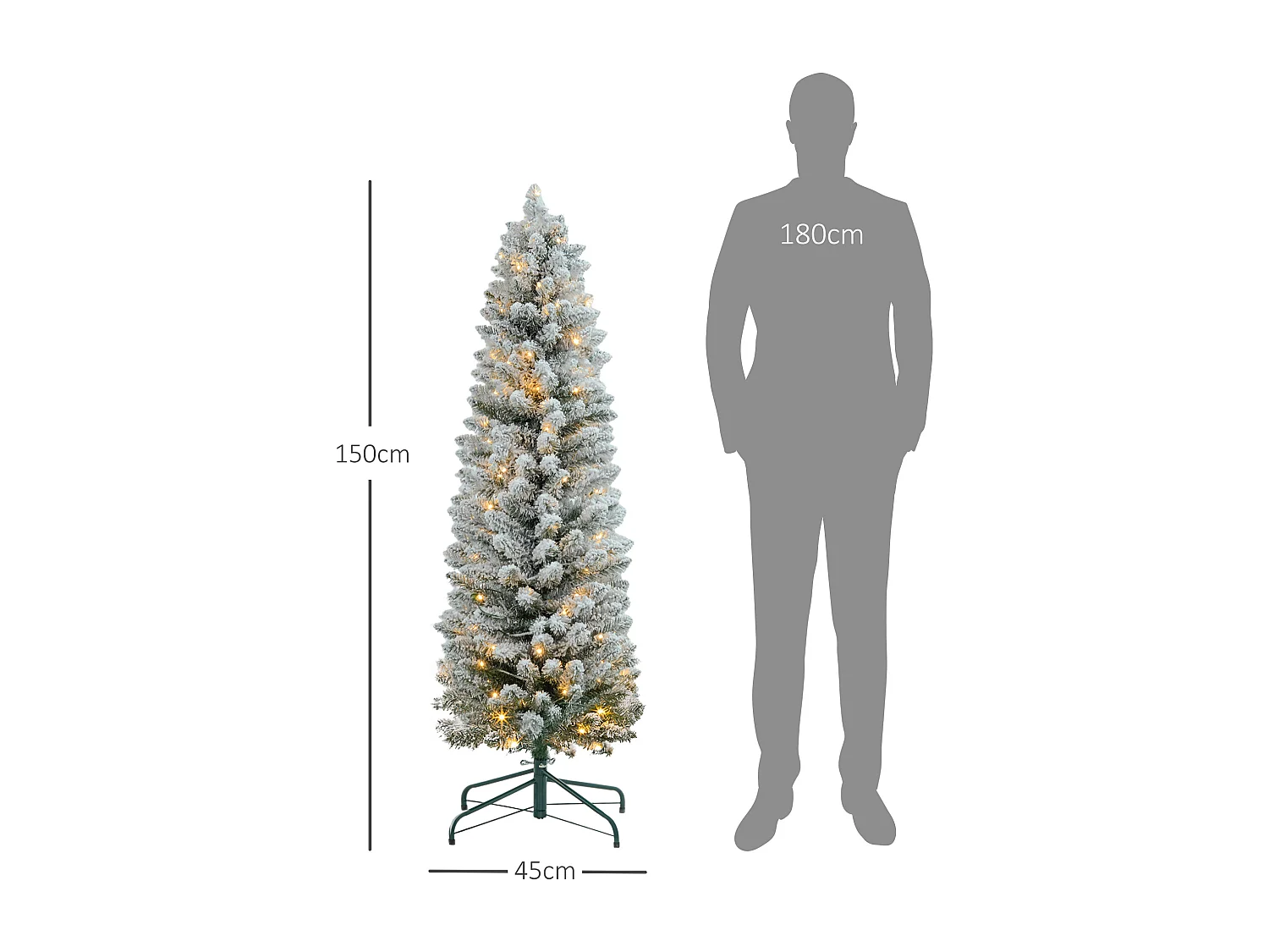 Albero di Natale innevato alto e stretto con luci led Ø45x150 cm