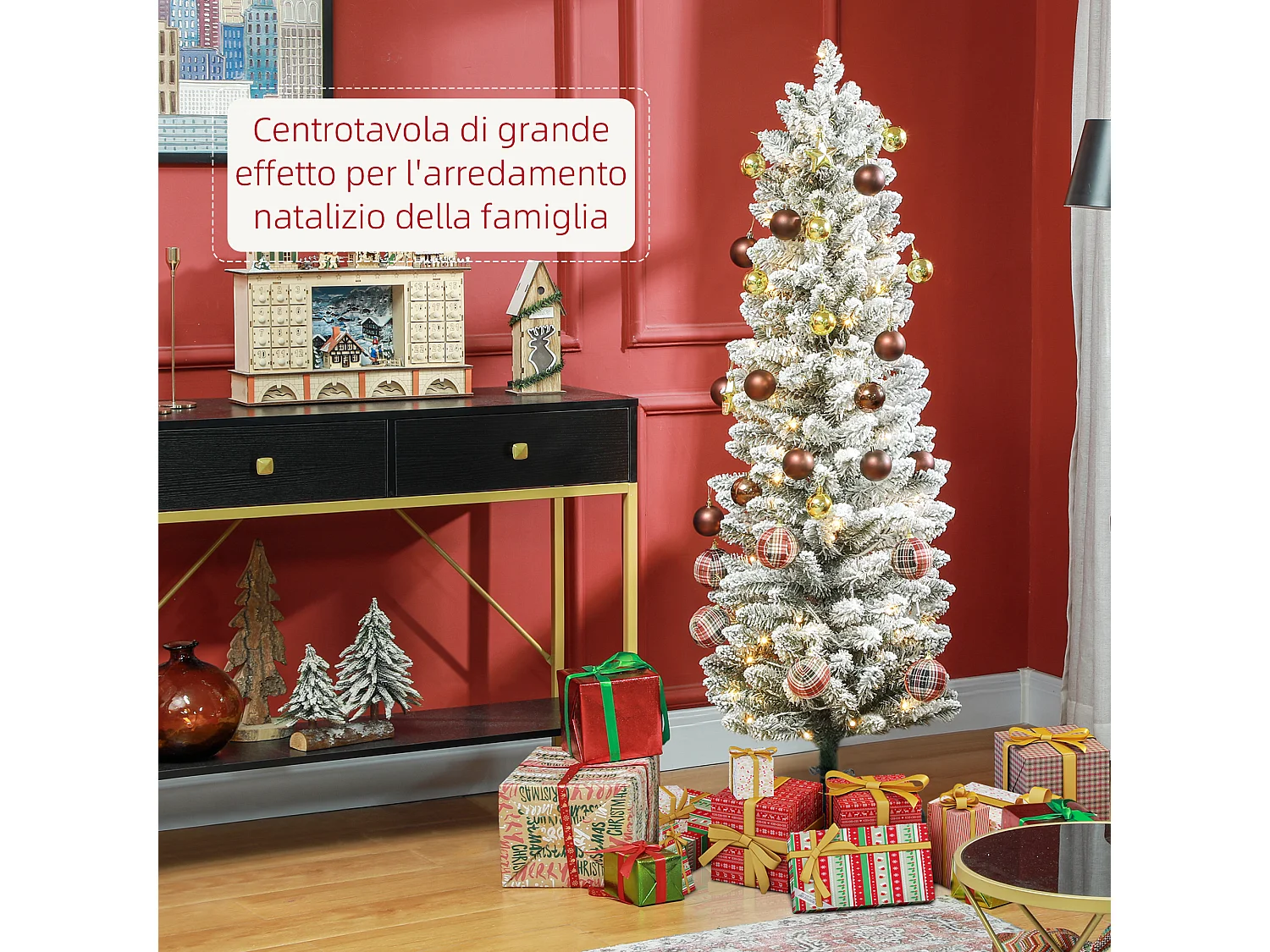 Albero di Natale innevato alto e stretto con luci led Ø45x150 cm