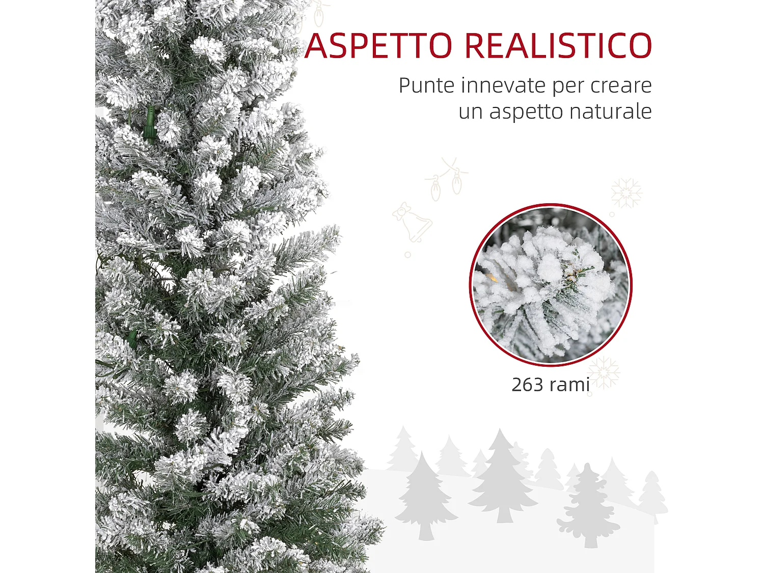 Albero di Natale innevato alto e stretto con luci led Ø45x150 cm